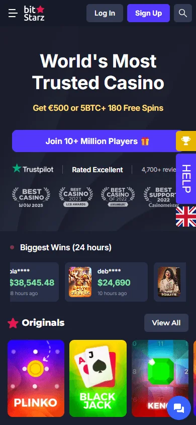 BitStarz Casino home screen on a mobile browser