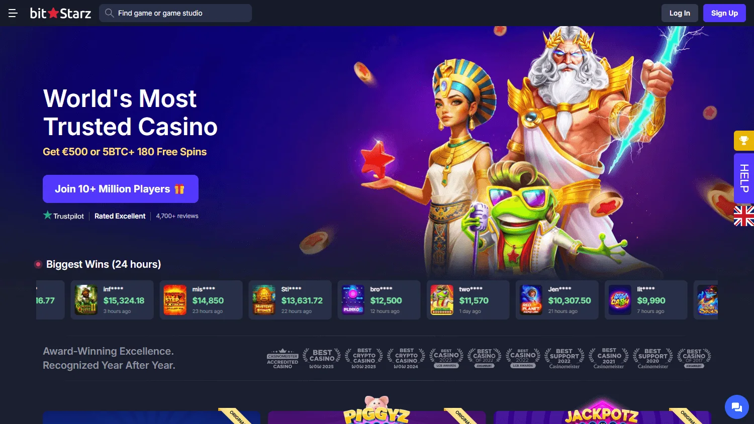 BitStarz Casino home screen on desktop