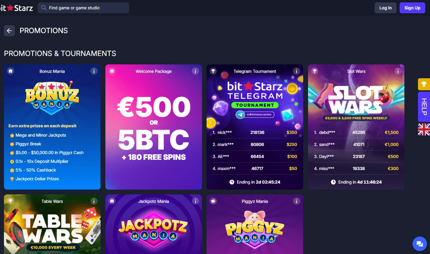 BitStarz Casino promotions screen on desktop